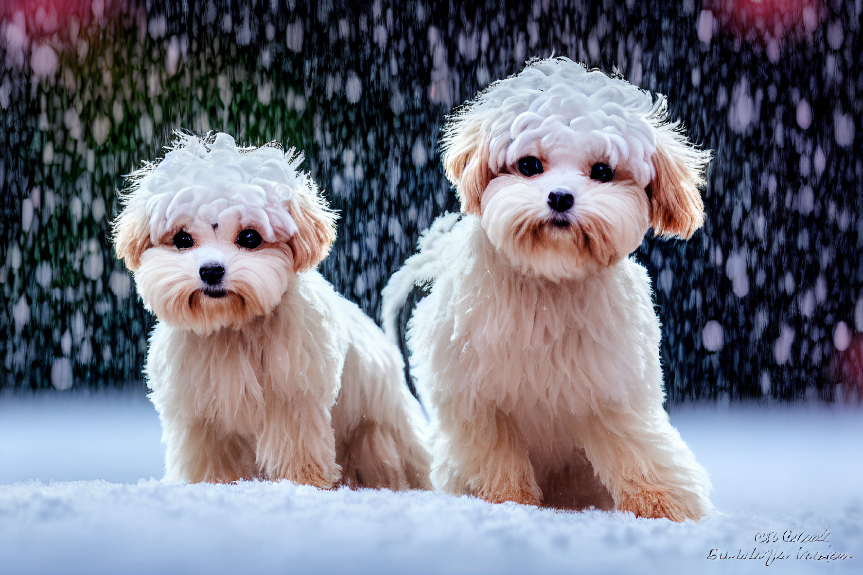 Fluffy white dogs sitting in snow with falling snowflakes
