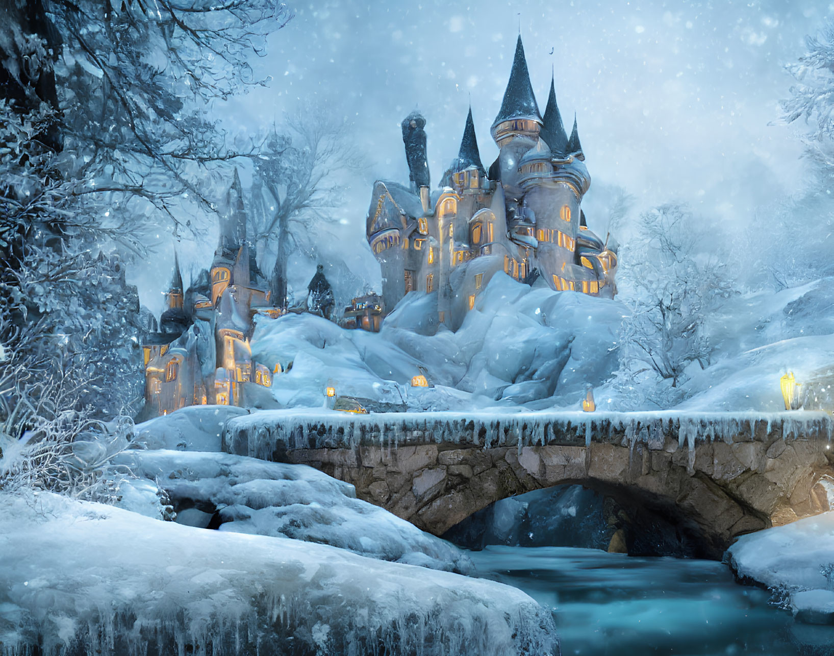 Snow-covered castle with spires, frosty trees, stone bridge, and river.