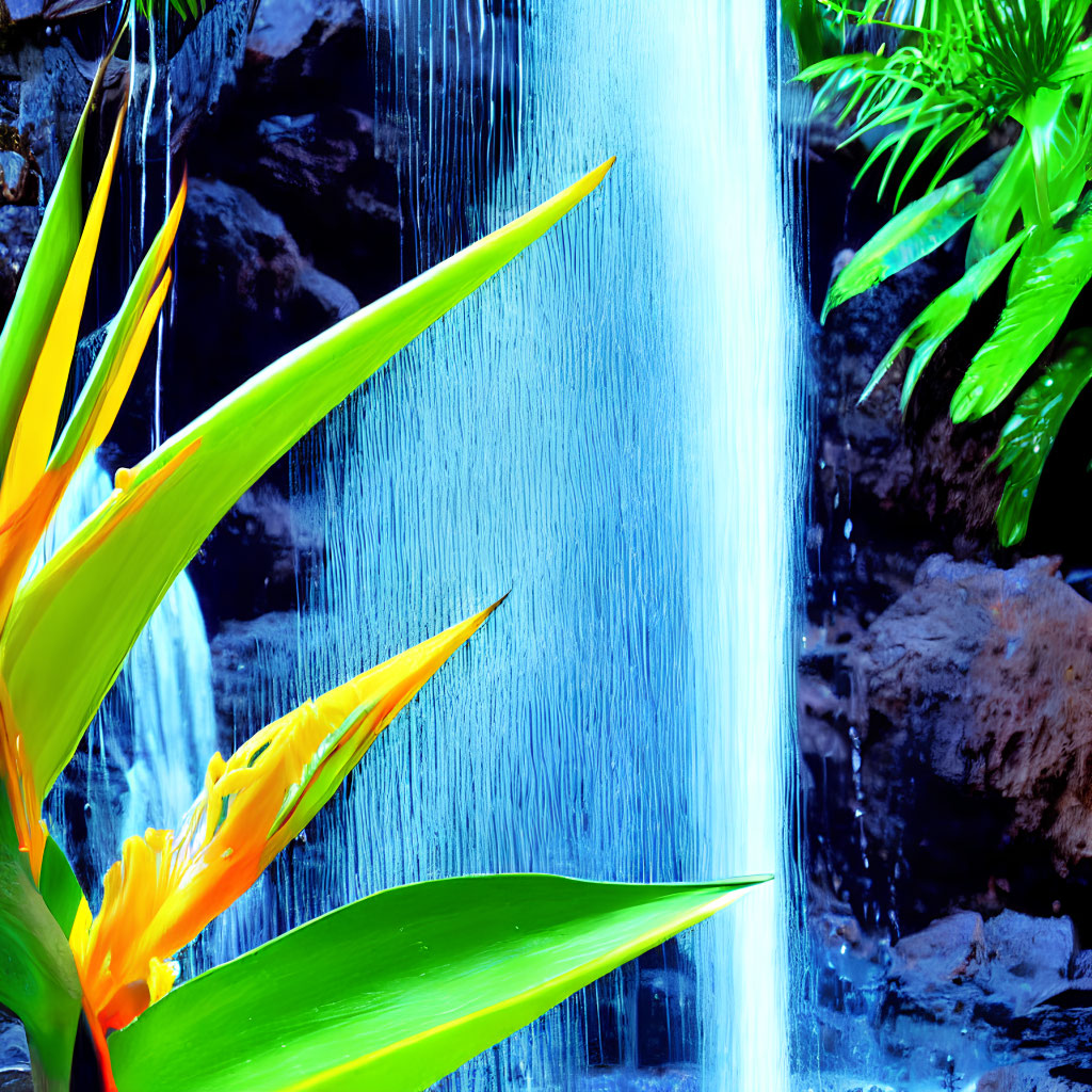 Colorful flowers and waterfall in serene nature scene