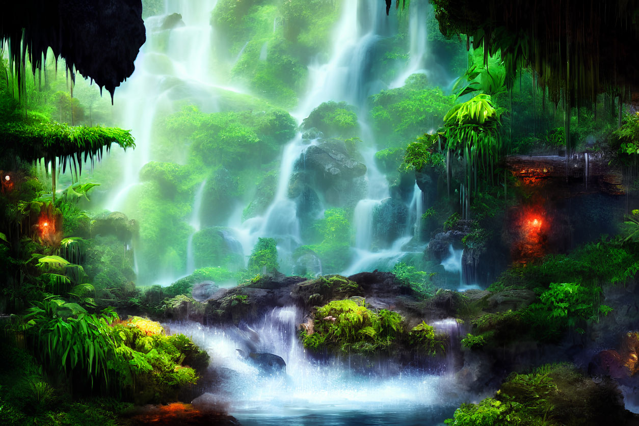 Mystical forest scene with cascading waterfall and lush greenery