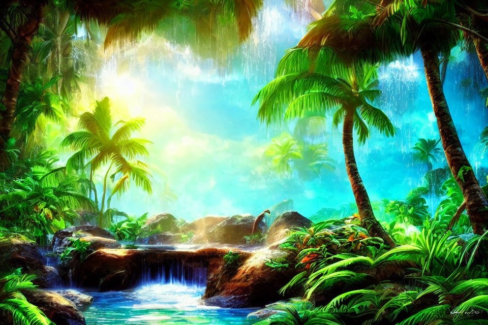 Vibrant tropical forest with palm trees, waterfall, and blue pool