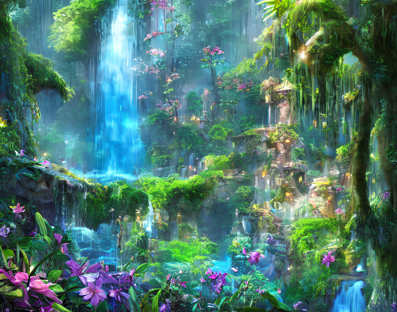 Mystical waterfall cascading into turquoise pool amidst lush foliage and fantastical treehouse-like structures