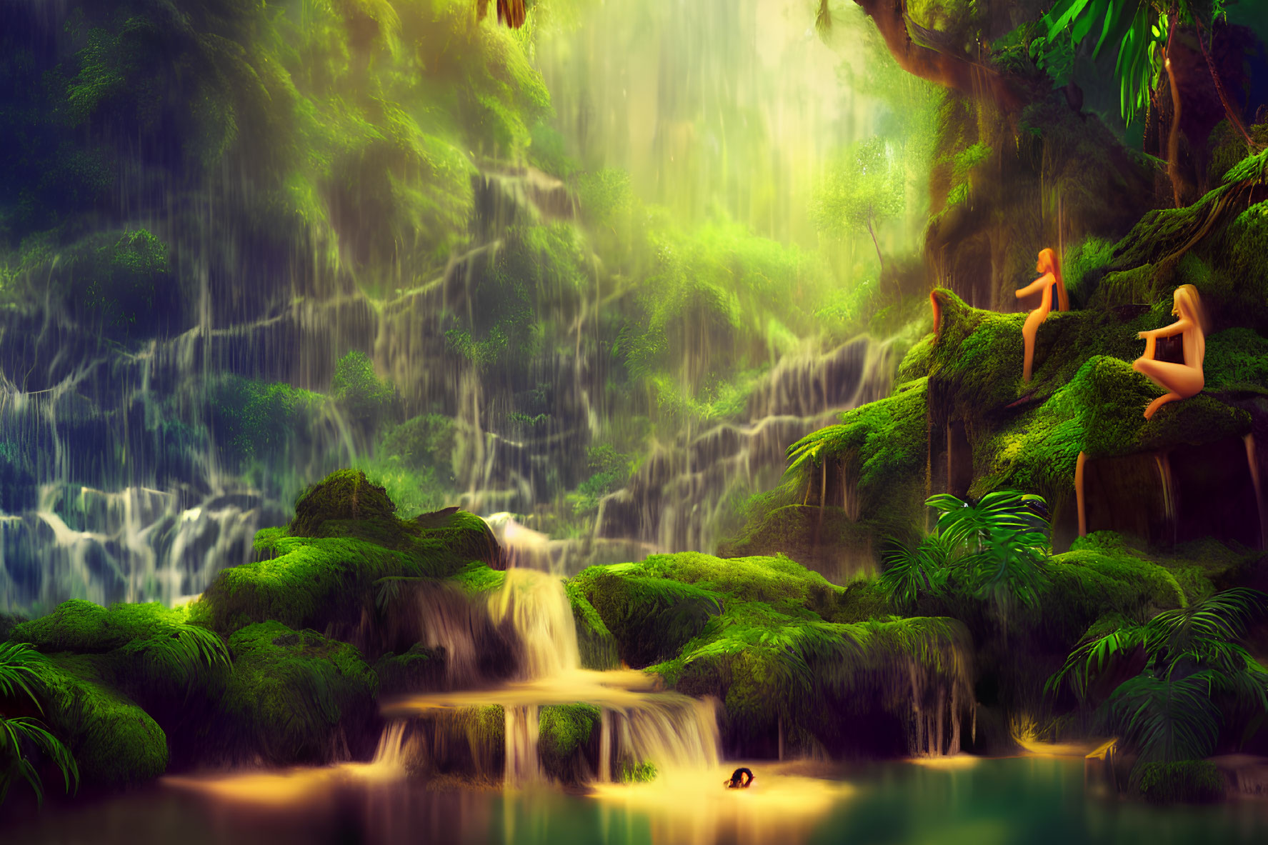Tranquil jungle waterfall with lush greenery and two people in sunlight
