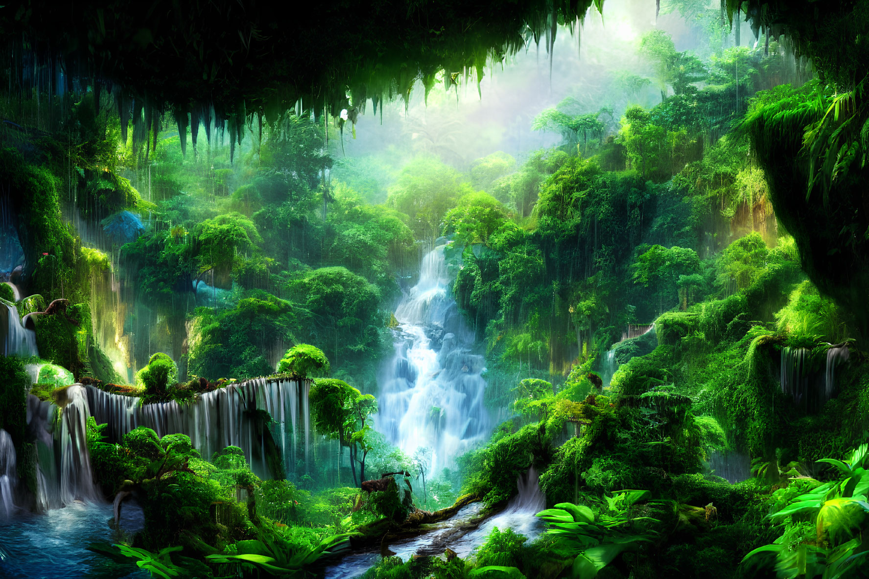 Lush green forest with waterfalls and river in misty atmosphere