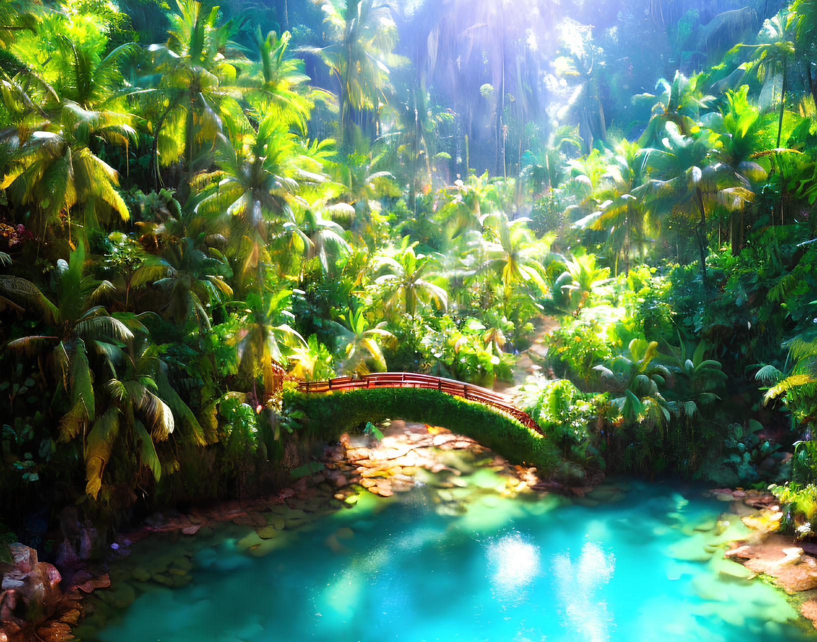 Tranquil Tropical Jungle with Greenery, Pond, and Red Bridge
