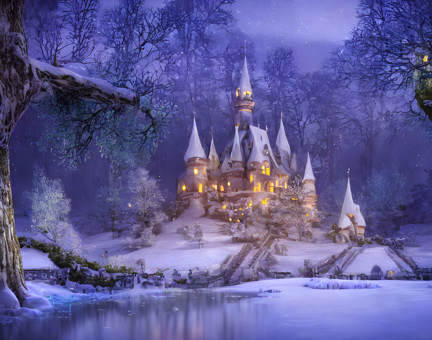 Snow-covered castle in winter forest at dusk with glowing windows