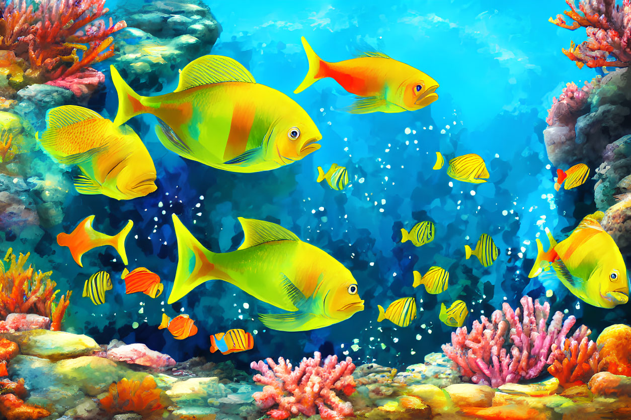 Vibrant coral reefs with colorful tropical fish in clear blue waters