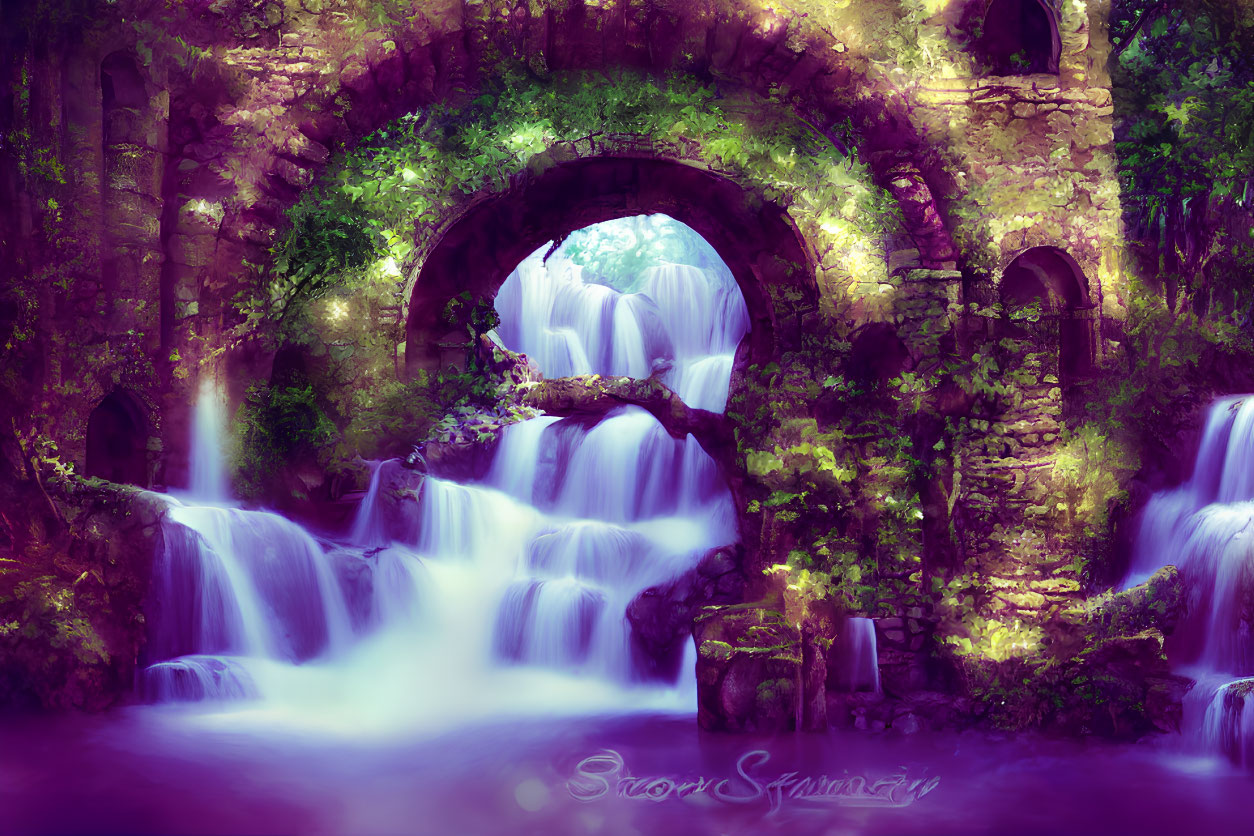 Ethereal waterfalls in ancient stone ruins with lush purple foliage