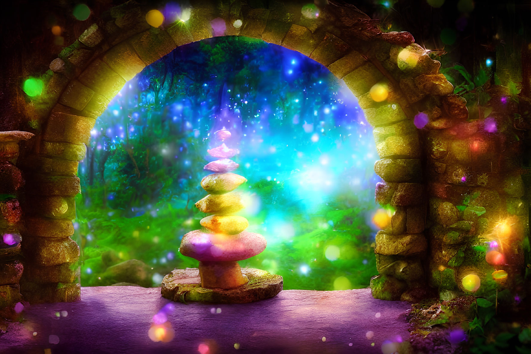 Mystical stone archway in lush forest with glowing cairn & floating orbs