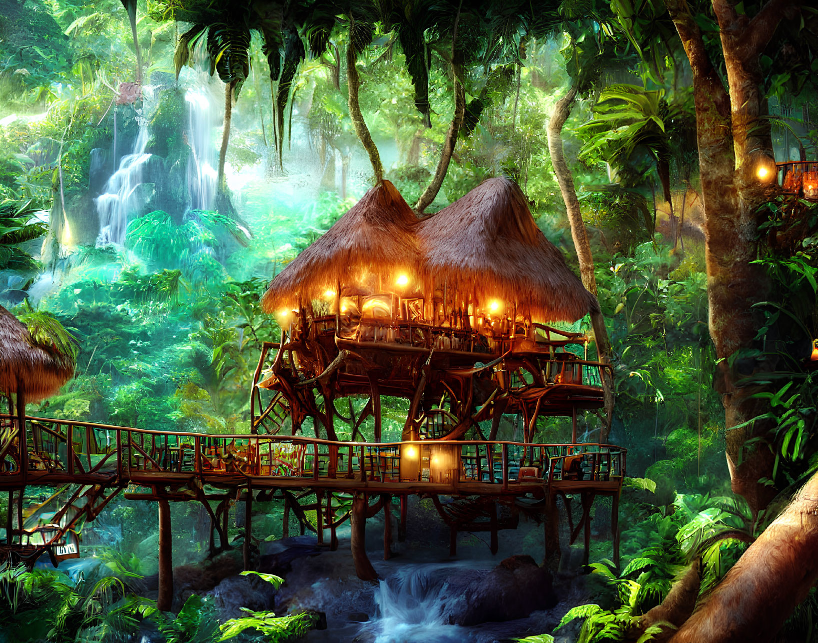 Thatched treehouse with lanterns in lush jungle scenery