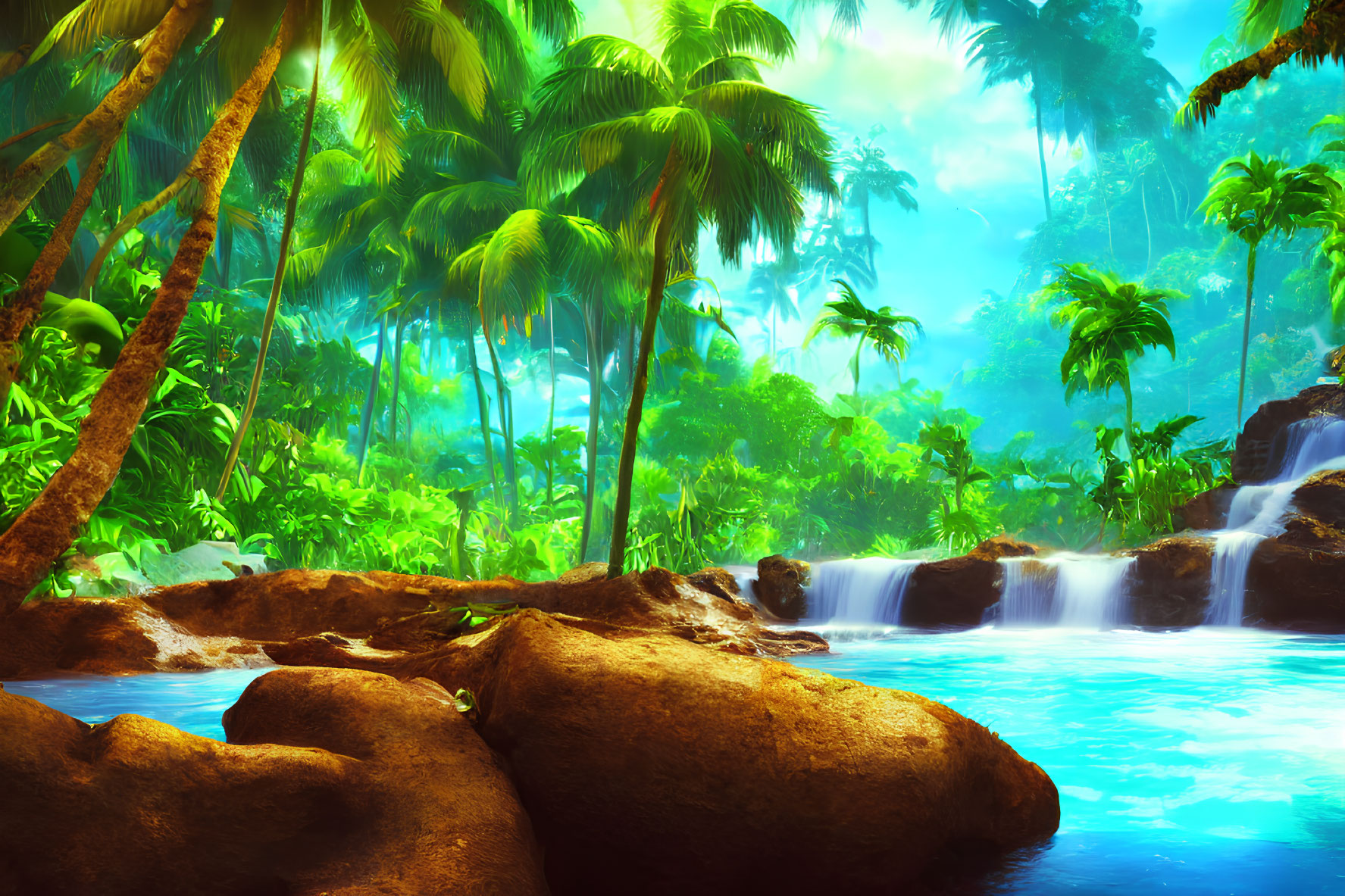 Tropical jungle scene with waterfall and blue pool