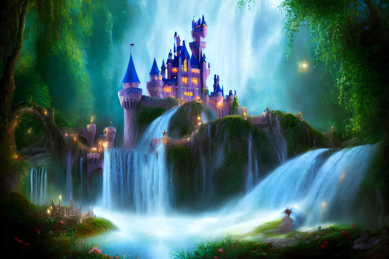 Majestic enchanted castle with turrets and waterfalls in lush forest