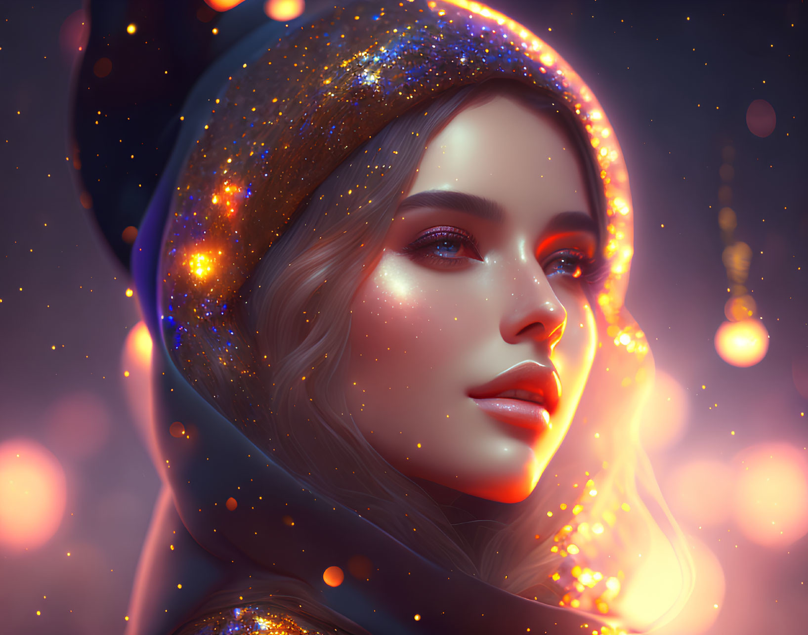 Cosmic-themed digital artwork of a glowing woman in star-filled hood