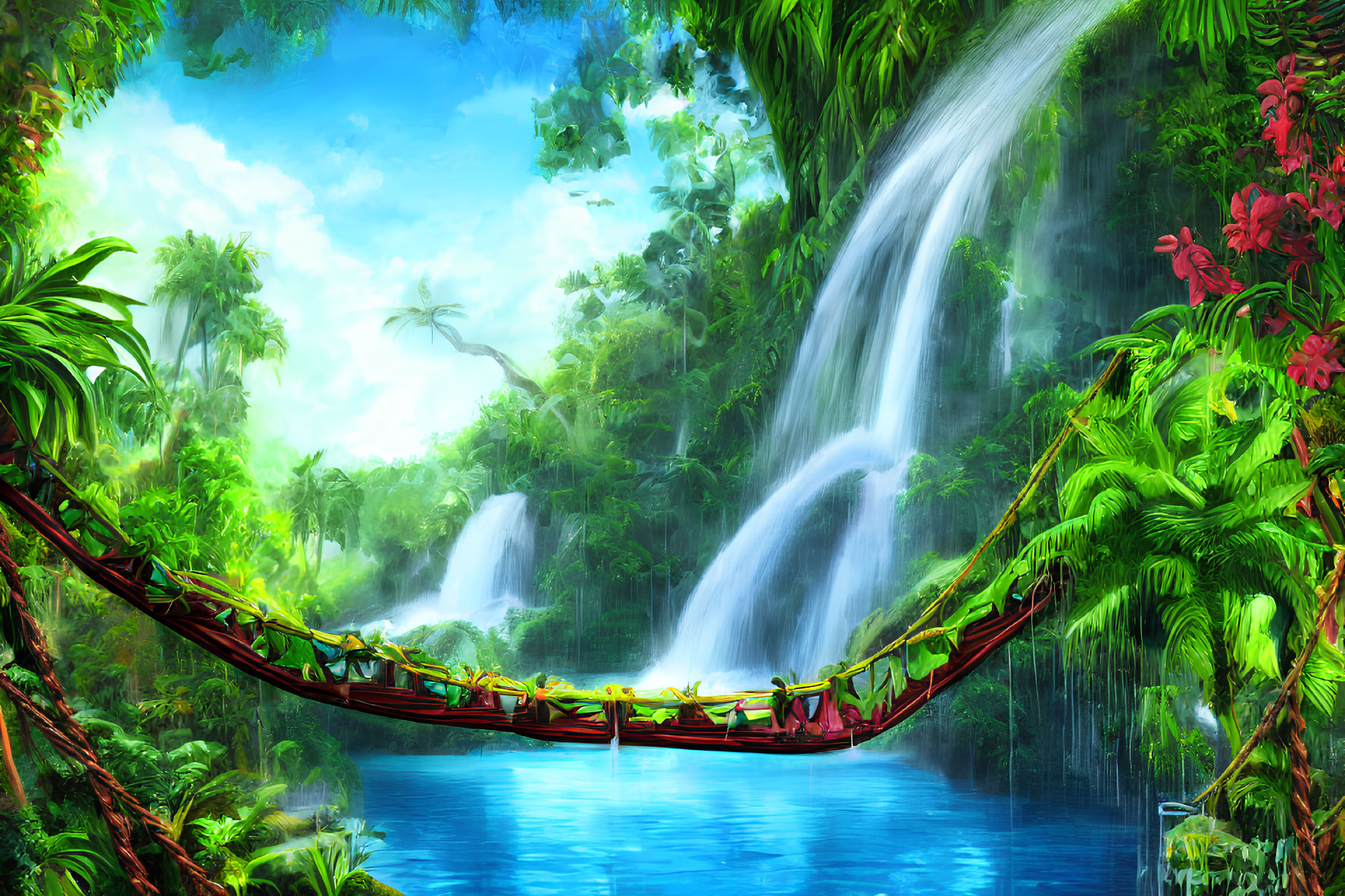 Tropical waterfall with hanging bridge, red flowers, and blue pond