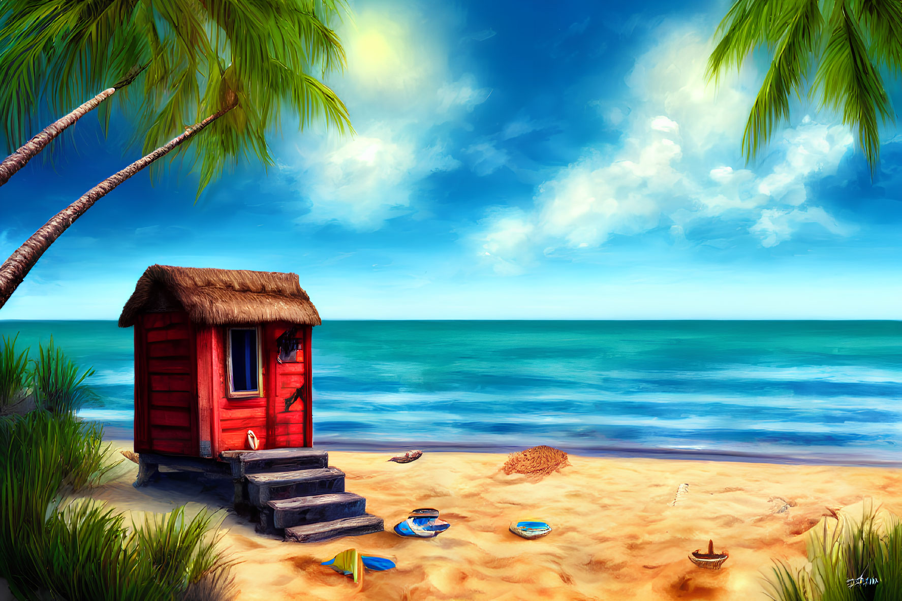 Tranquil beach scene with red hut, palm branches, blue sea, clear sky, and sandals