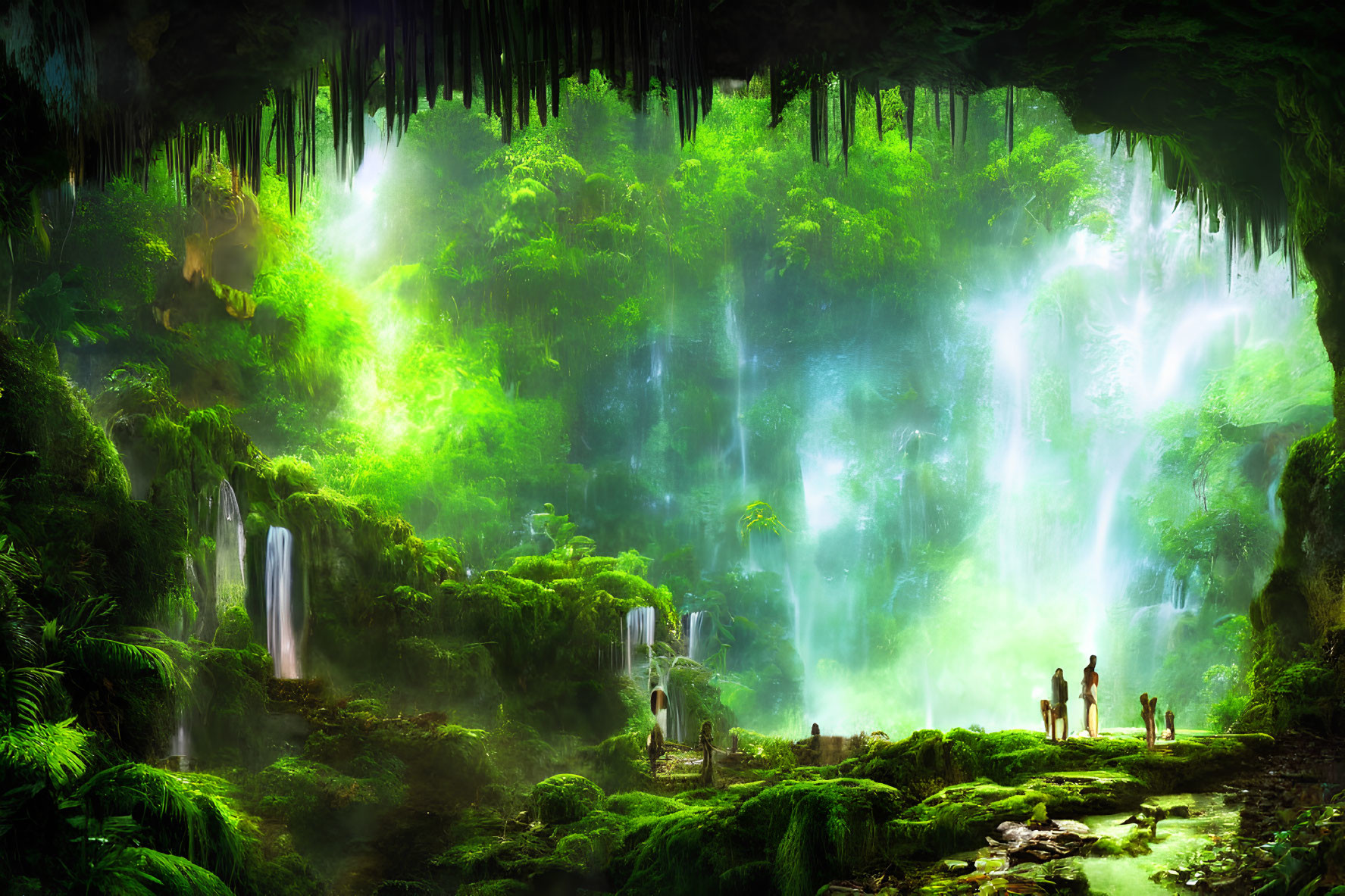 Explorers in lush cave with waterfalls and mist