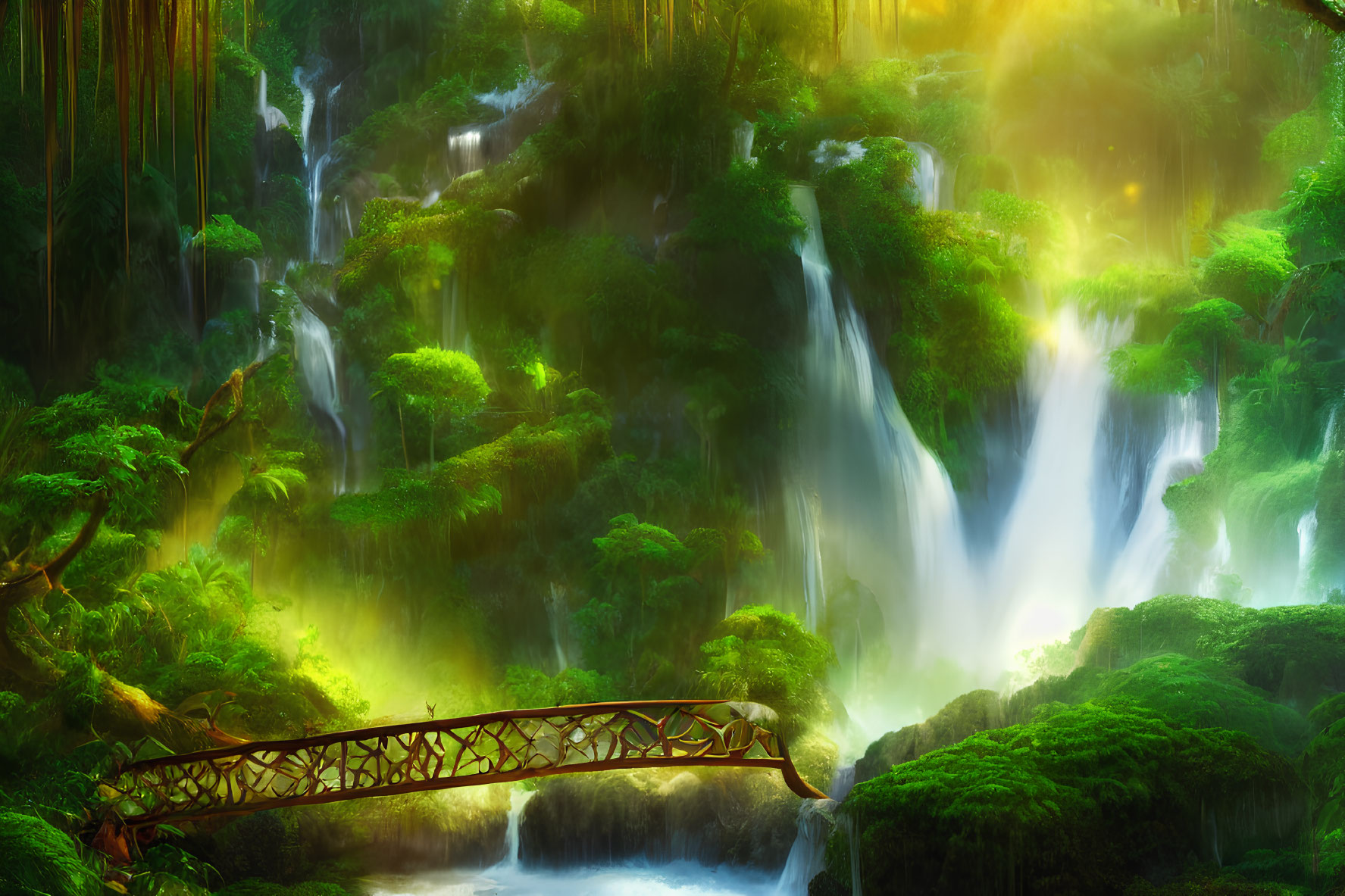 Serene forest scene with waterfalls, sunlight, and wooden bridge
