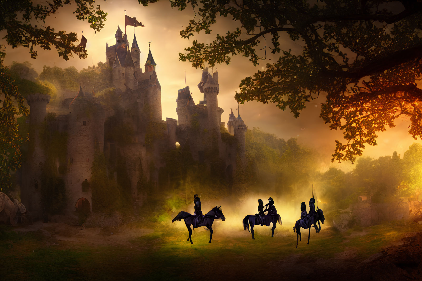 Mystical sunset backdrop with silhouetted knights on horseback and ancient castle