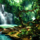 Serene forest scene: lush greenery, waterfalls, vibrant plants, and tranquil blue pond