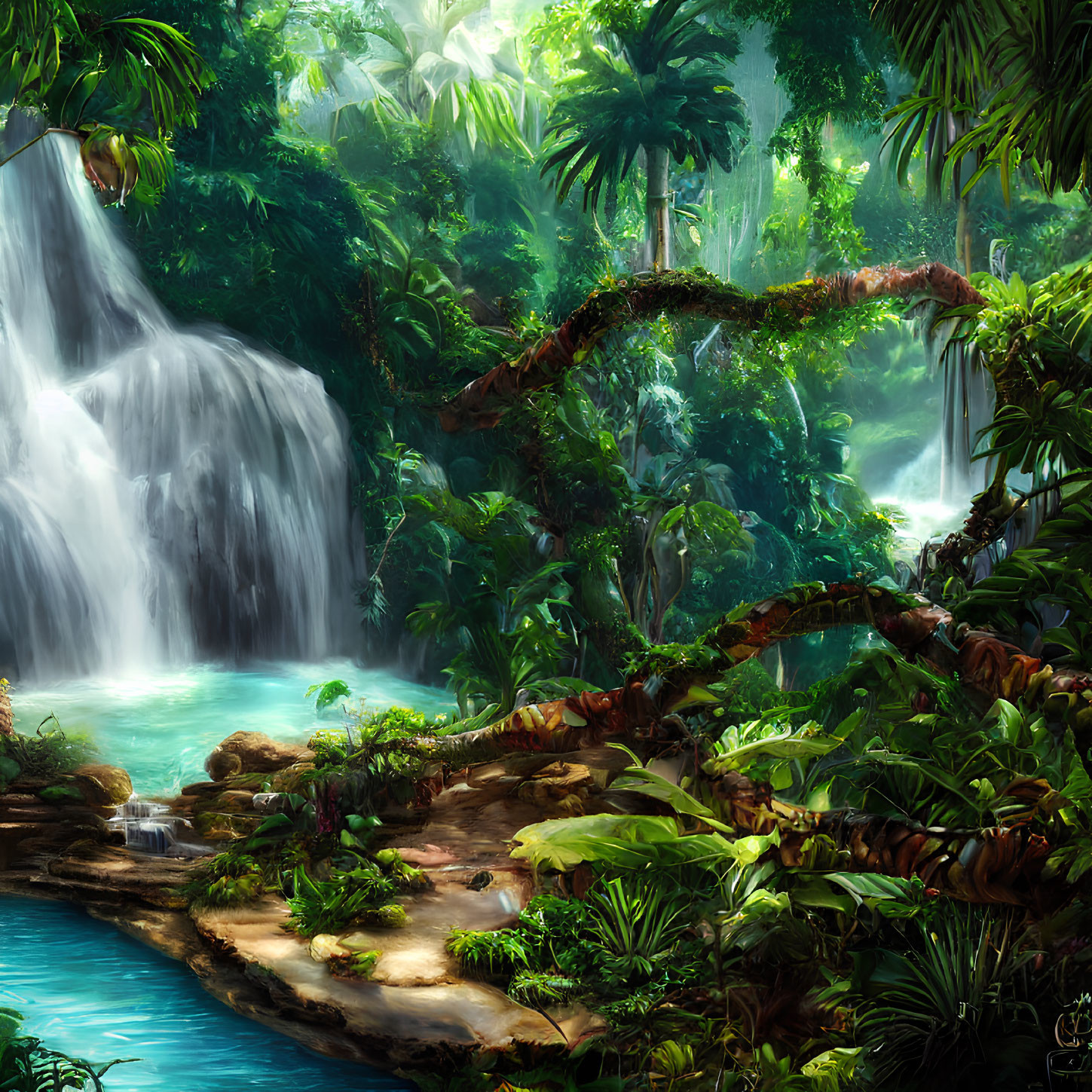 Serene forest scene: lush greenery, waterfalls, vibrant plants, and tranquil blue pond