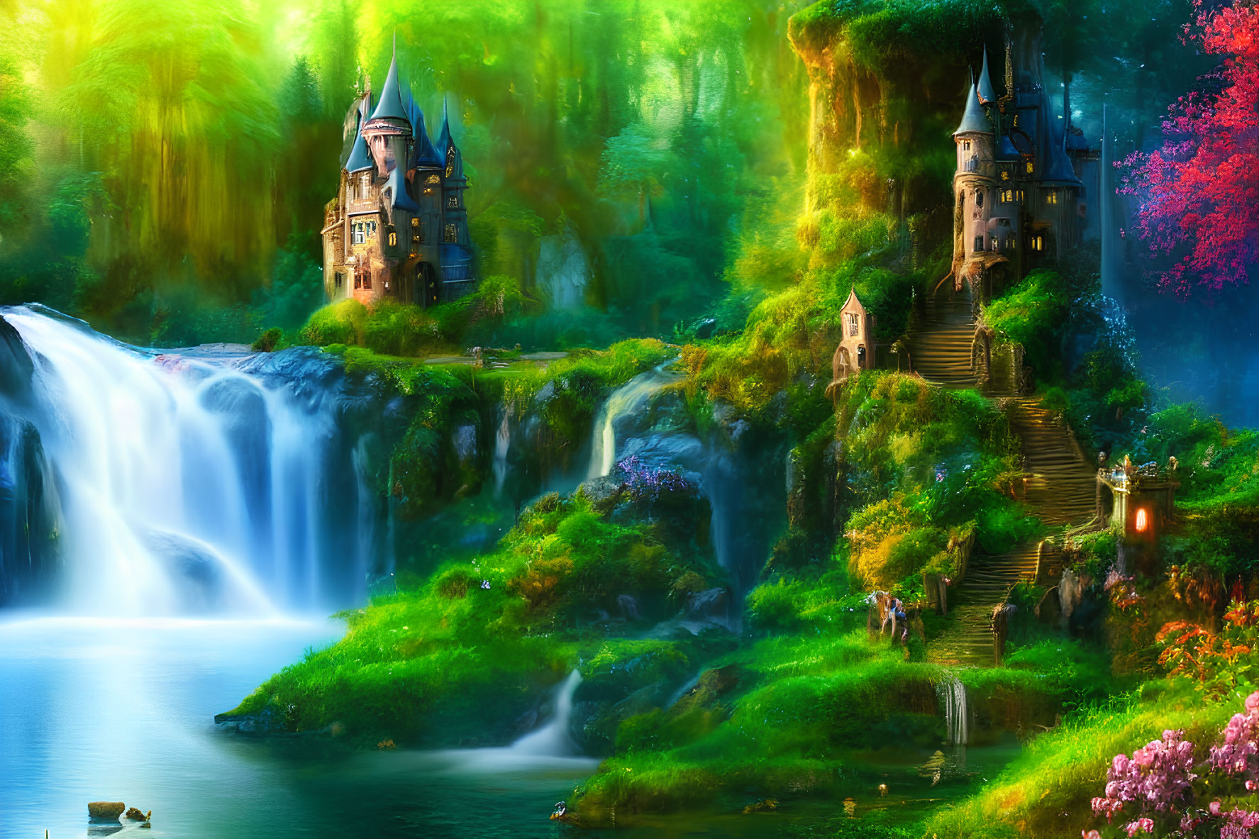 Majestic landscape with waterfalls, flora, castles, and a couple in ethereal ambiance