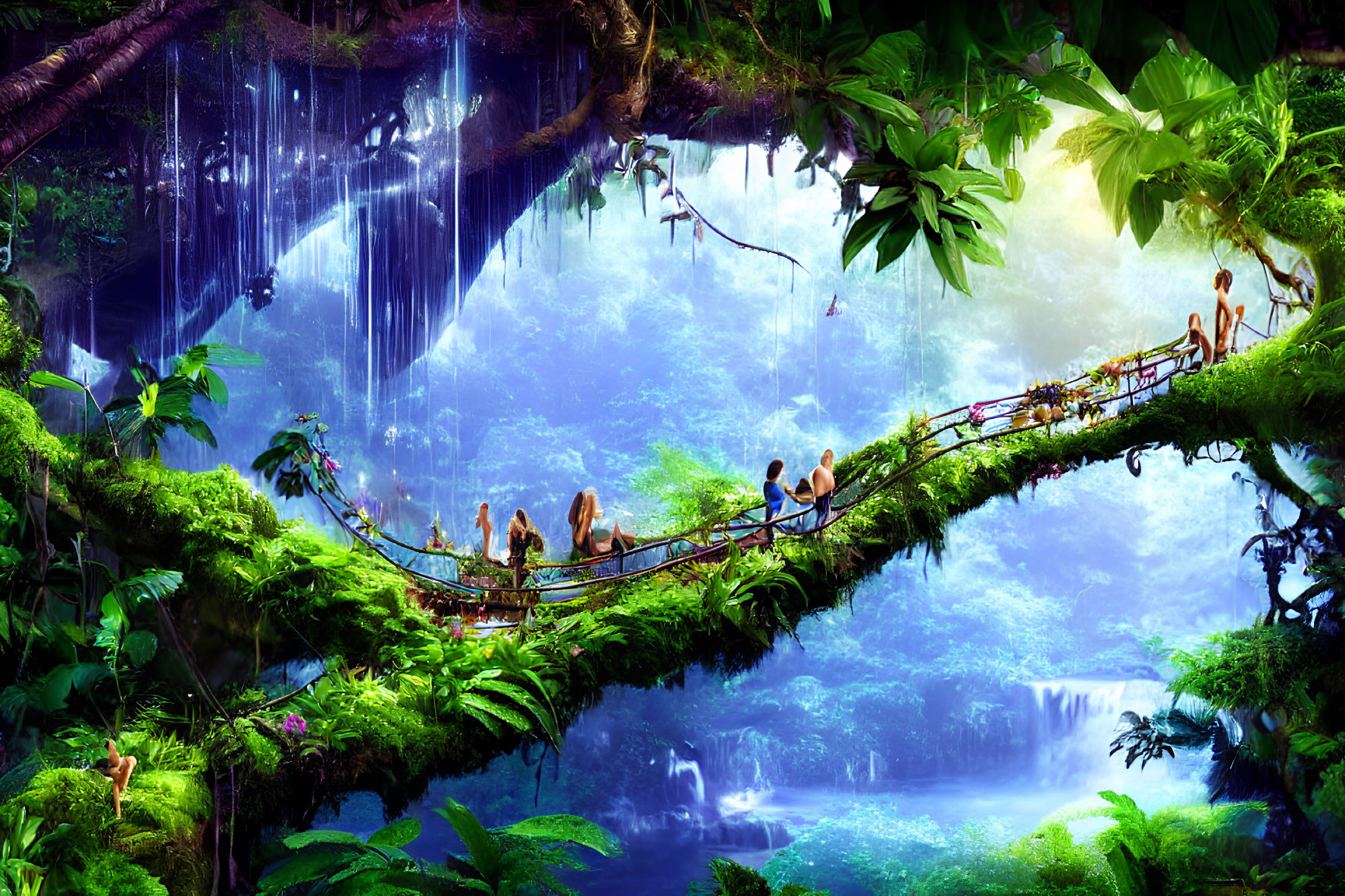 Tropical jungle scene with waterfall, bridge, and lush greenery