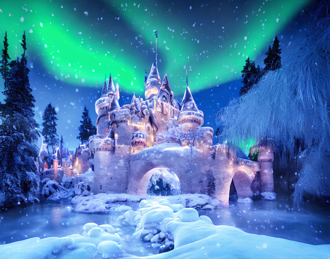 Snowy landscape with fairytale castle under aurora-filled sky