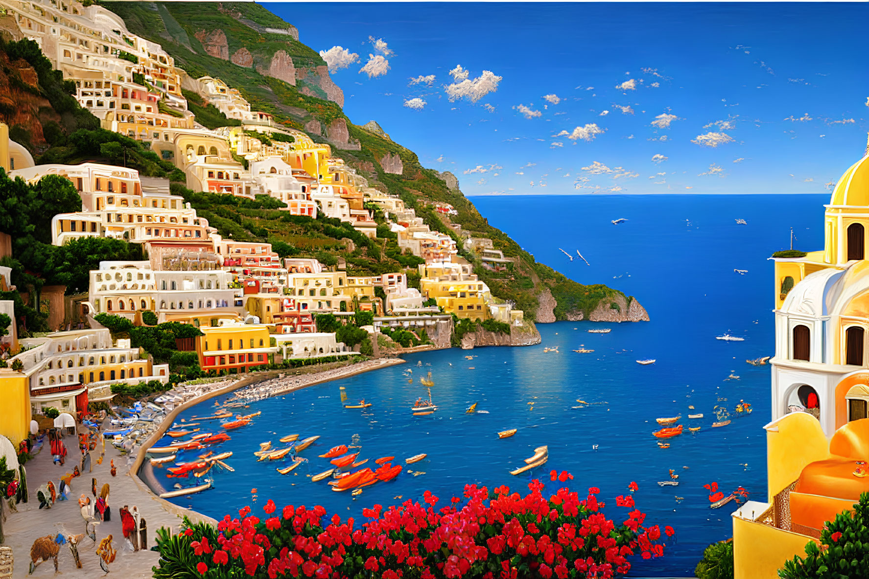 Scenic coastal town with colorful buildings, people, boats, and blue sky