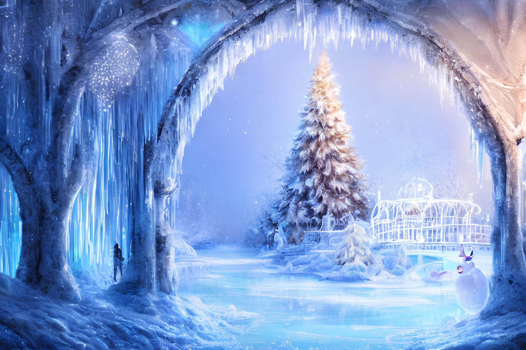 Frozen river, ice-covered trees, icicles, Christmas tree, snowman, and gazebo in
