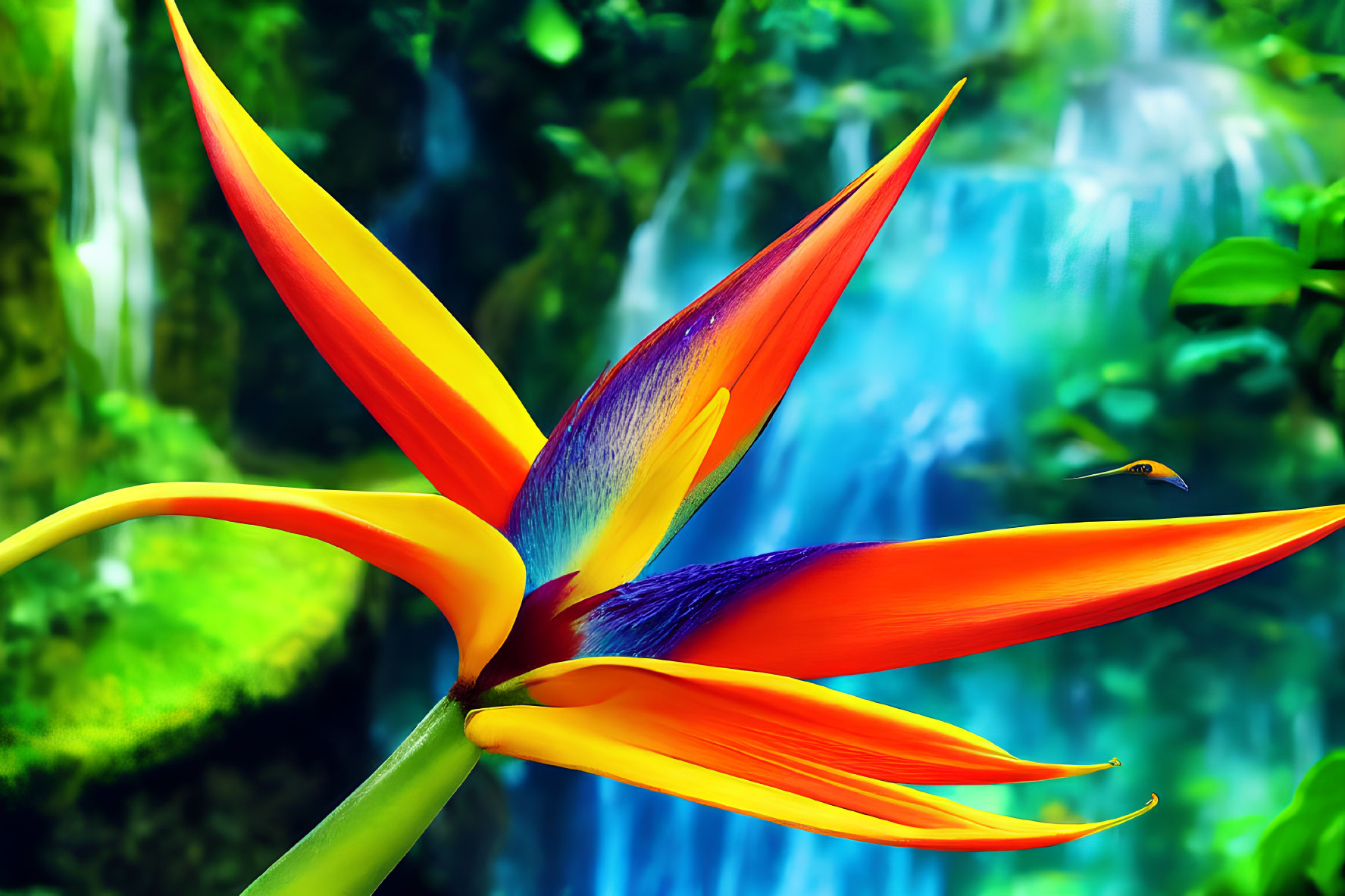Colorful Bird of Paradise Flower with Orange, Blue, and Purple Hues on Waterfall Backdrop