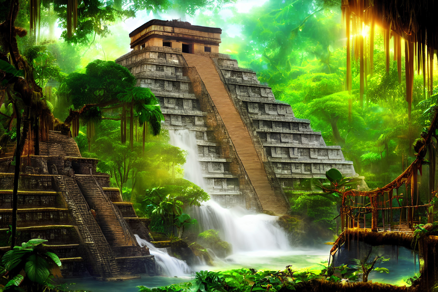 Ancient pyramid in lush green jungle with waterfall and bamboo bridge