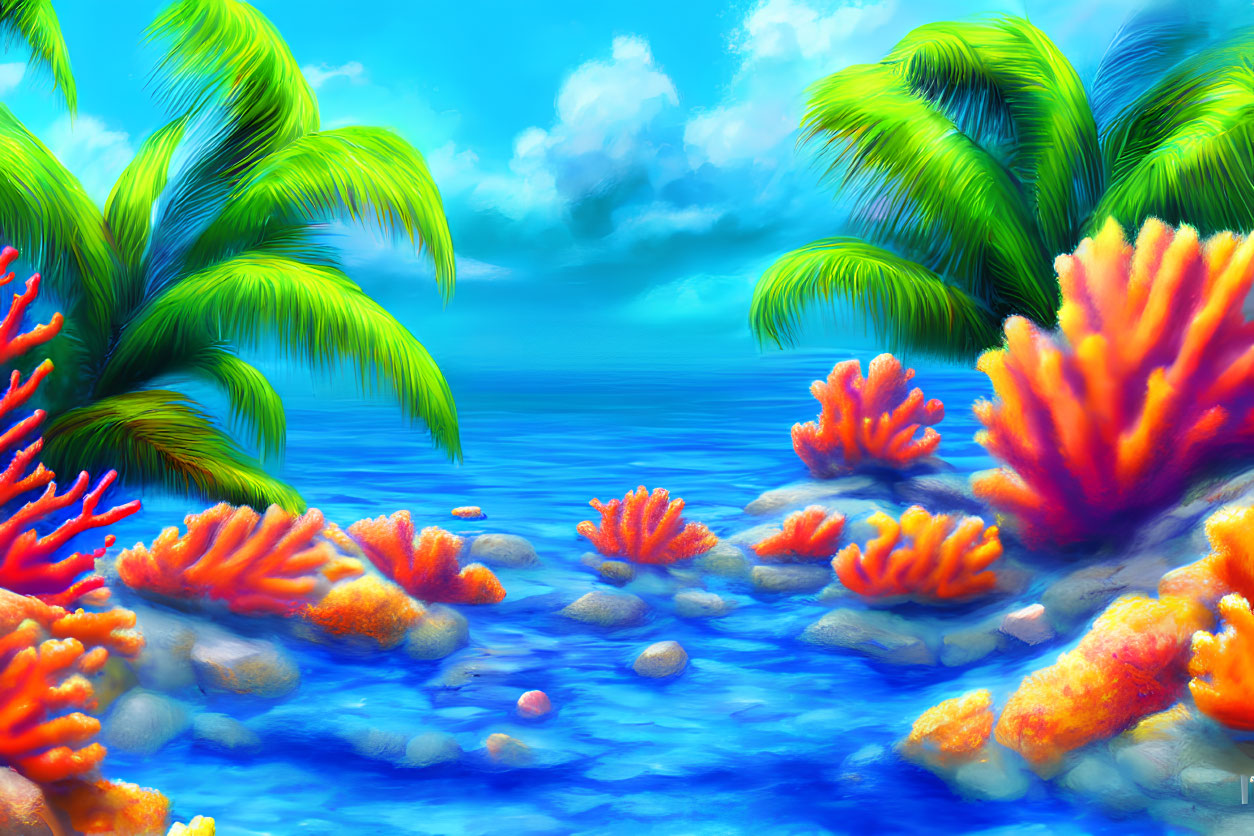 Colorful Tropical Seascape with Orange Coral and Palm Trees