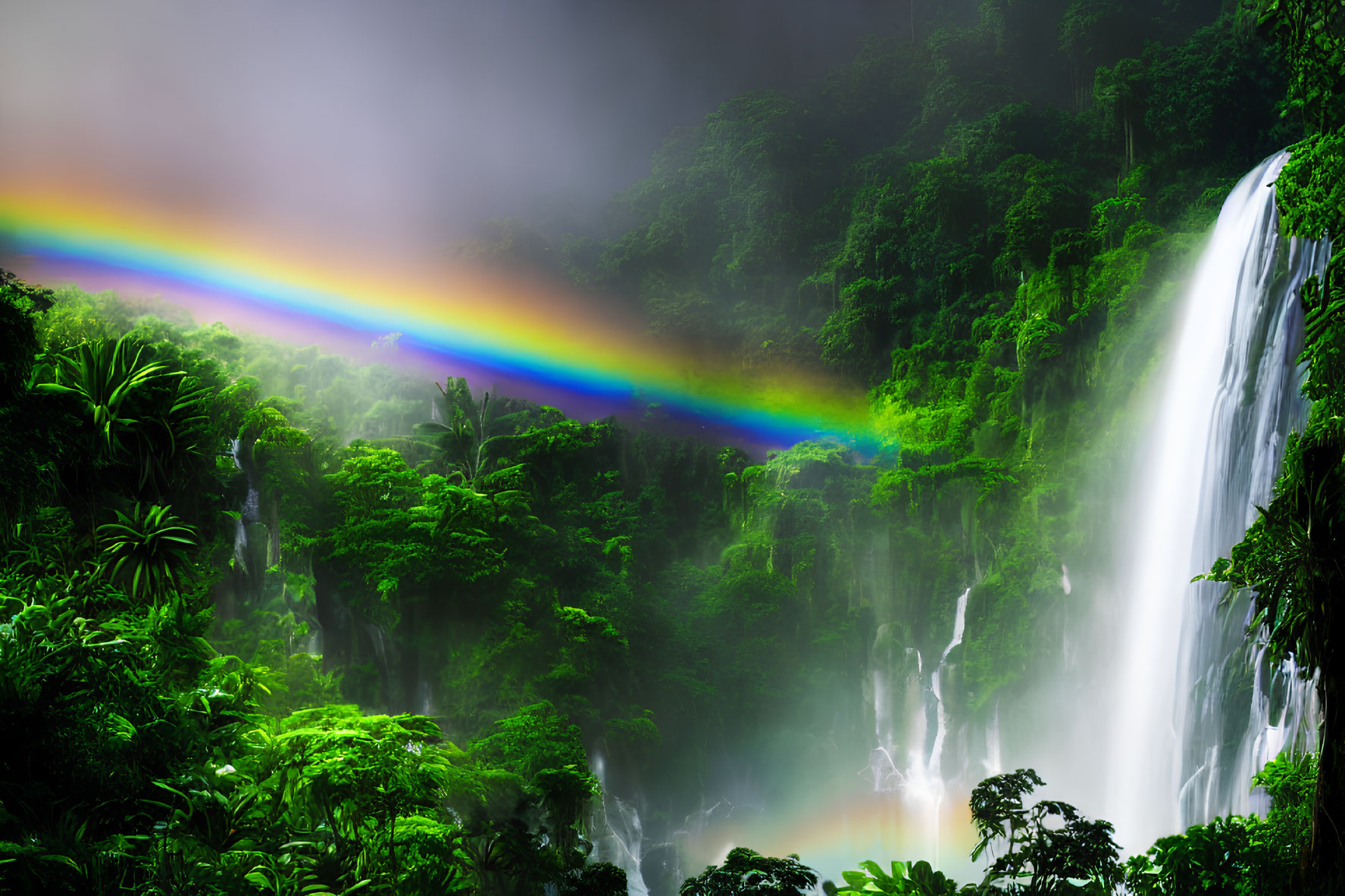 Vivid Rainbow Over Lush Jungle Waterfall