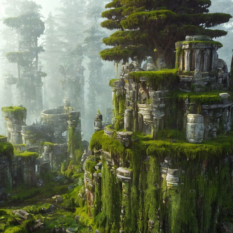 Moss-covered ancient stone ruins in misty forest