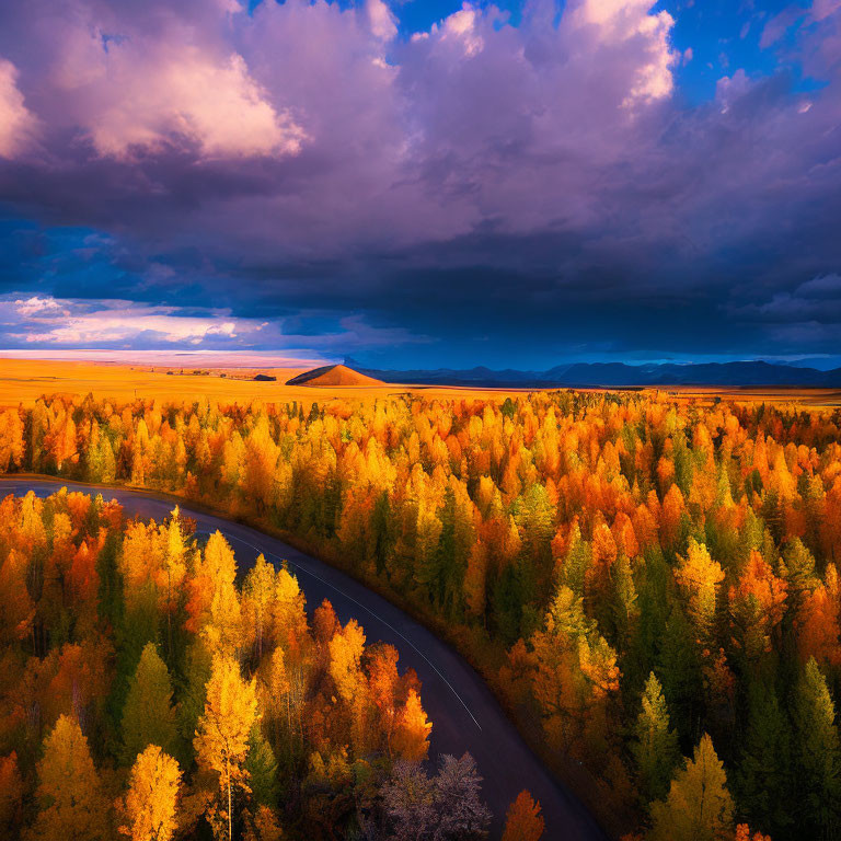 Autumn forest with winding road under dramatic sky