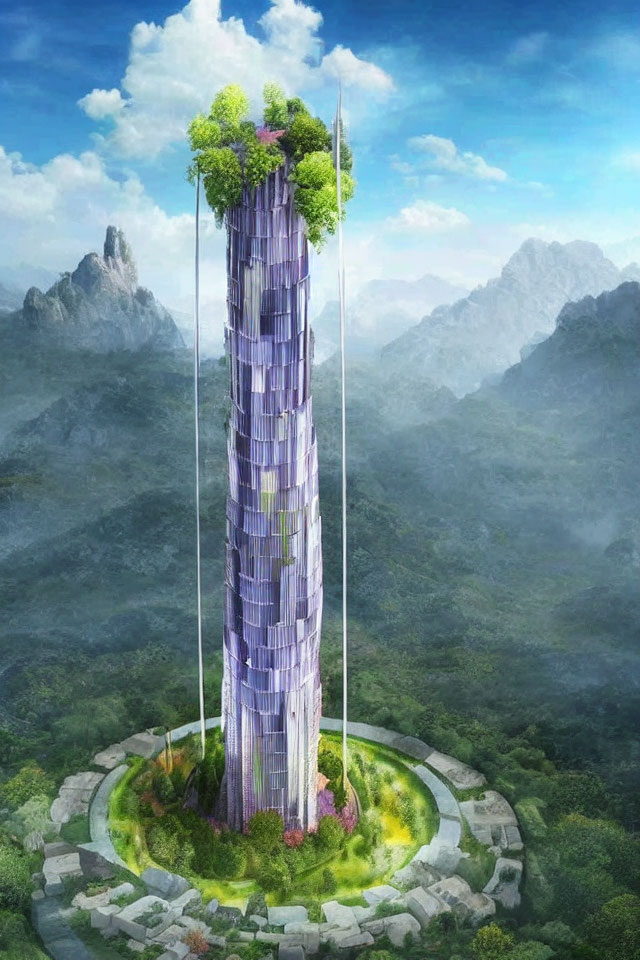 Modern skyscraper with vertical forest, greenery, and mountains under clear sky