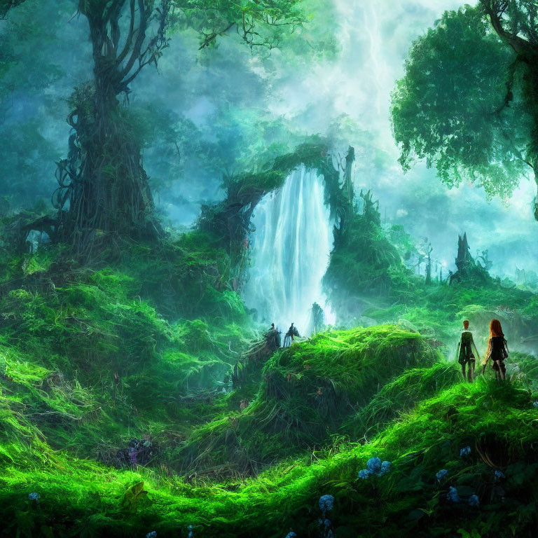 Mystical waterfall scene with two individuals in lush greenery