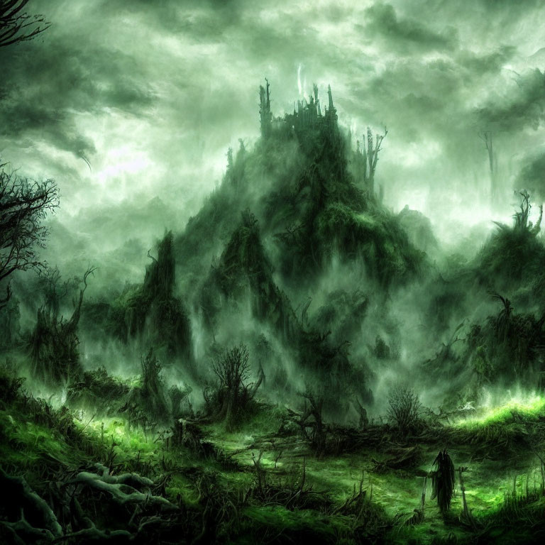 Eerie green landscape with twisted trees and castle in stormy sky