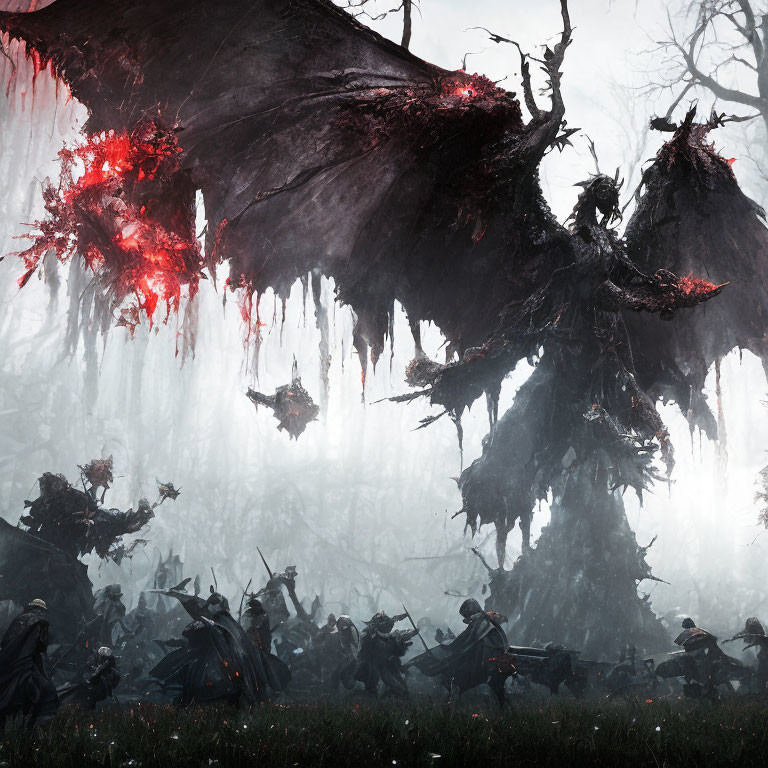 Fantasy battle scene: warriors vs. winged creatures in dark forest