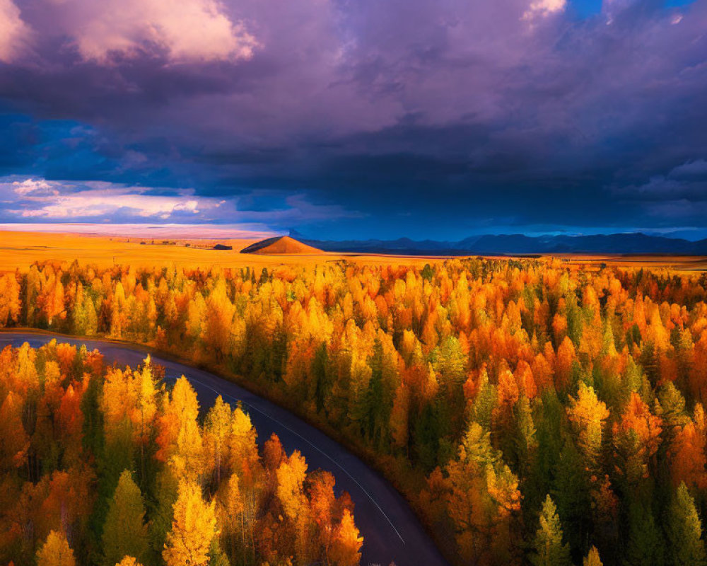 Autumn forest with winding road under dramatic sky