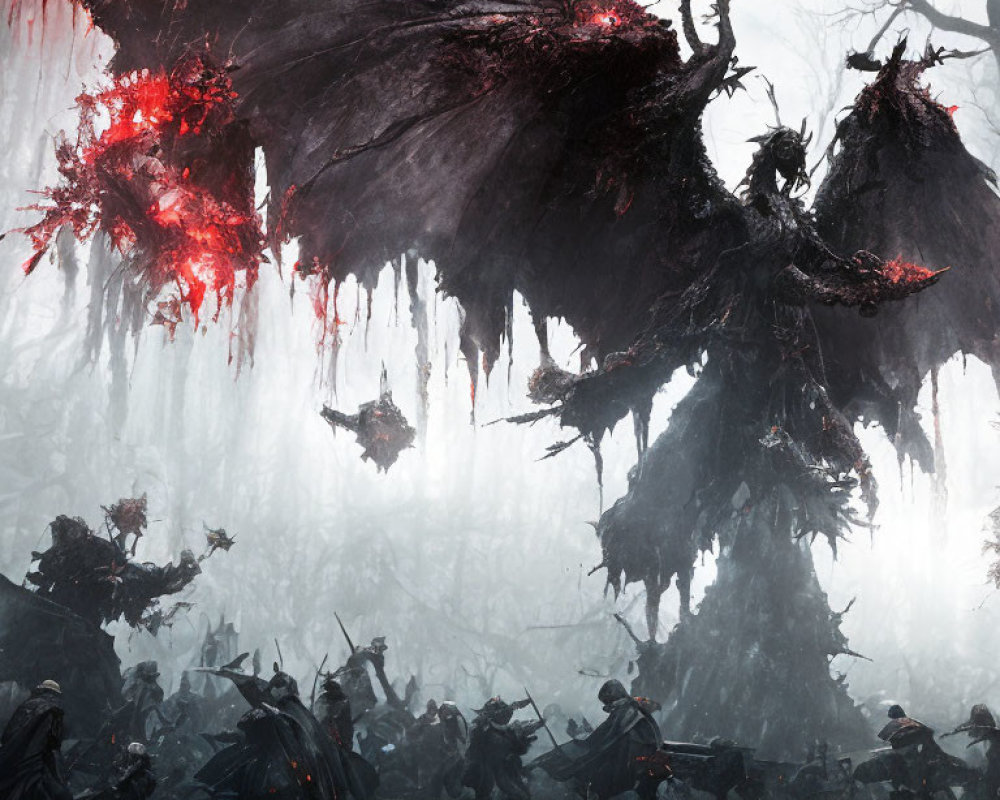 Fantasy battle scene: warriors vs. winged creatures in dark forest