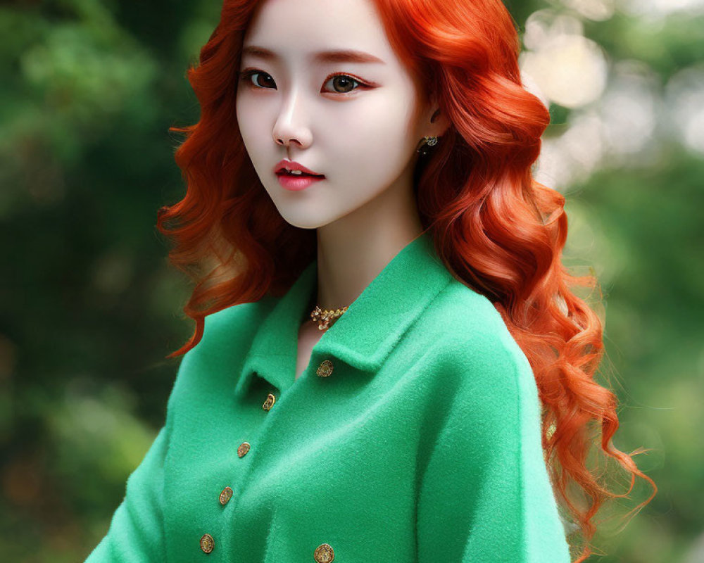 Bright orange hair woman in green coat with golden buttons against blurred natural backdrop