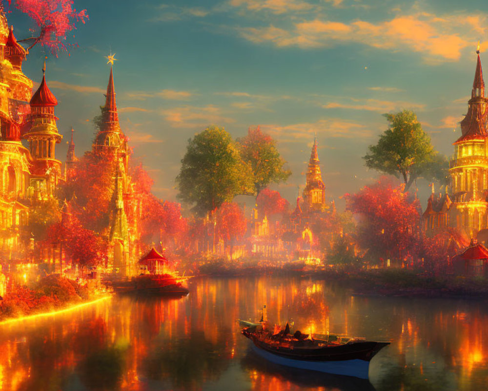 Fantastical cityscape: Tranquil boat on river, glowing trees, towered buildings at sunset