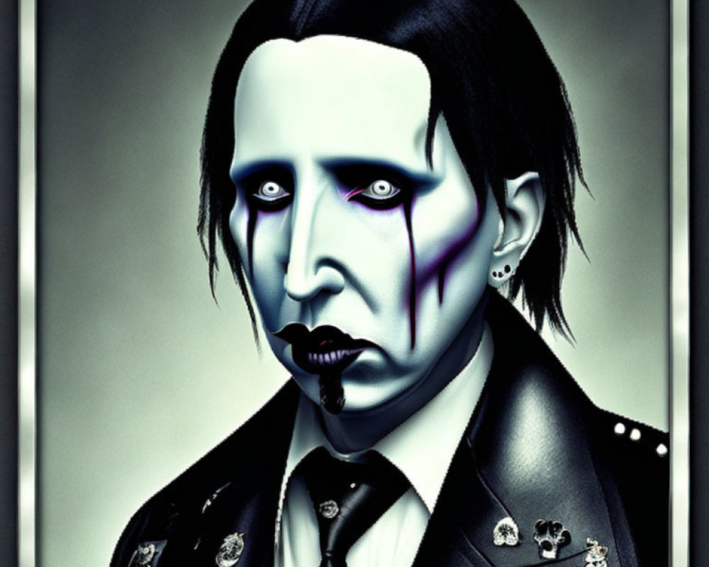 Stylized portrait of person with pale skin, dark makeup, black hair, and decorated jacket