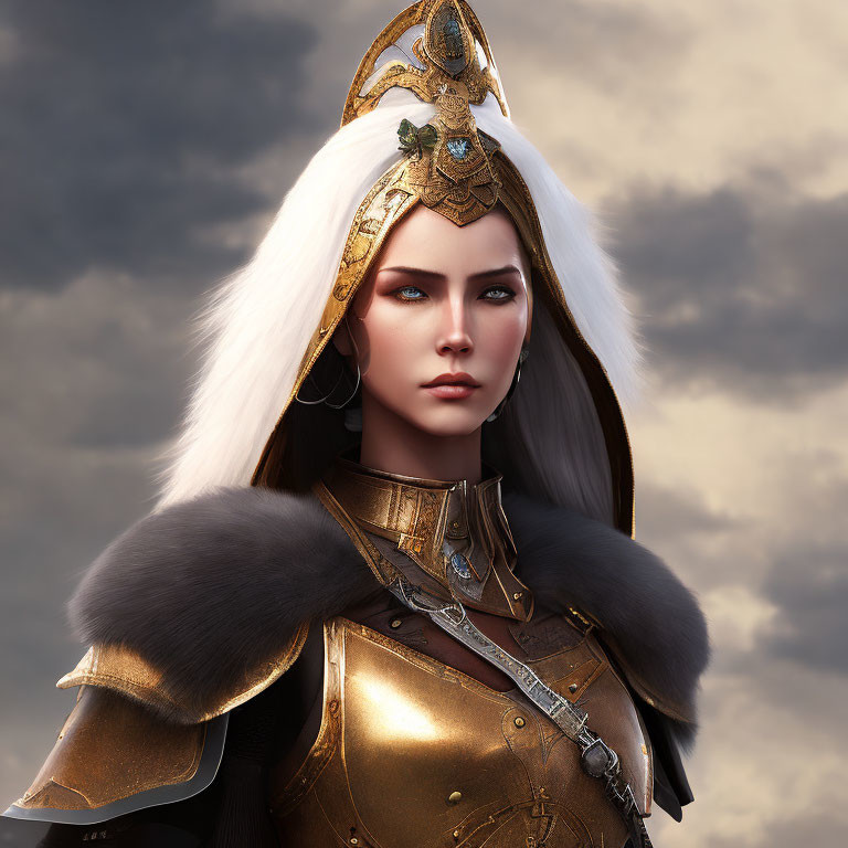 Regal woman in golden armor and crown under cloudy sky