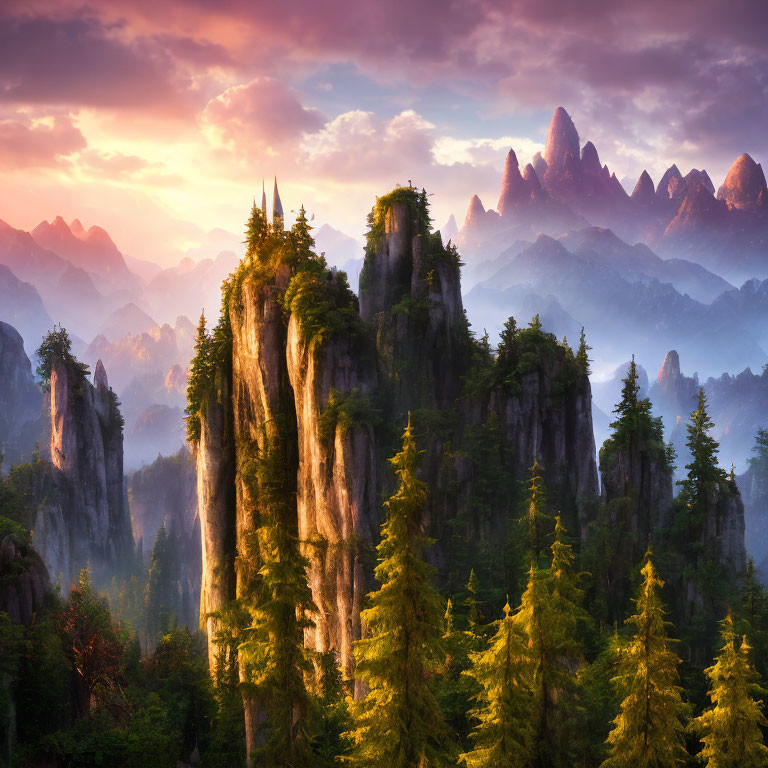 Majestic mountain peaks and forest at sunset with mist.