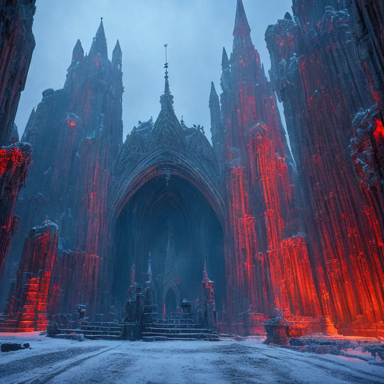 Gothic Cathedral Entrance in Red Light Snowy Twilight