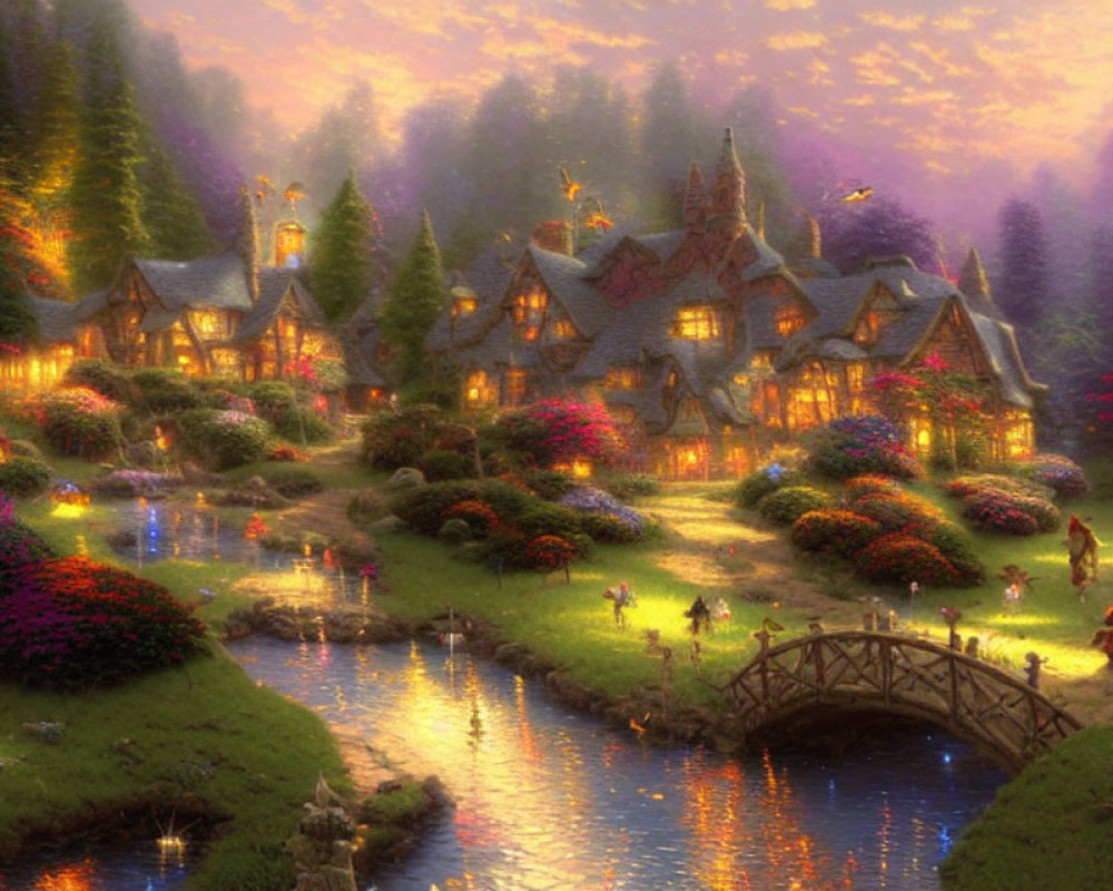Fantasy village with quaint houses, vibrant flora, gentle river, luminous butterfly