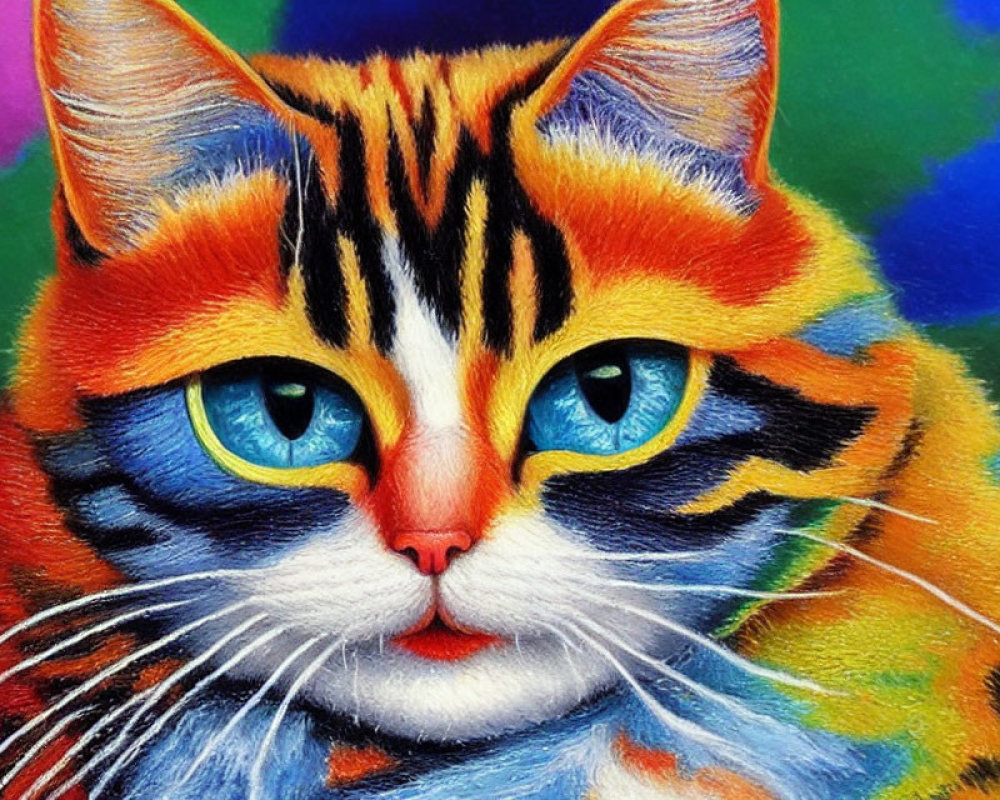 Colorful Painting of Cat with Striking Blue Eyes and Multi-Colored Fur