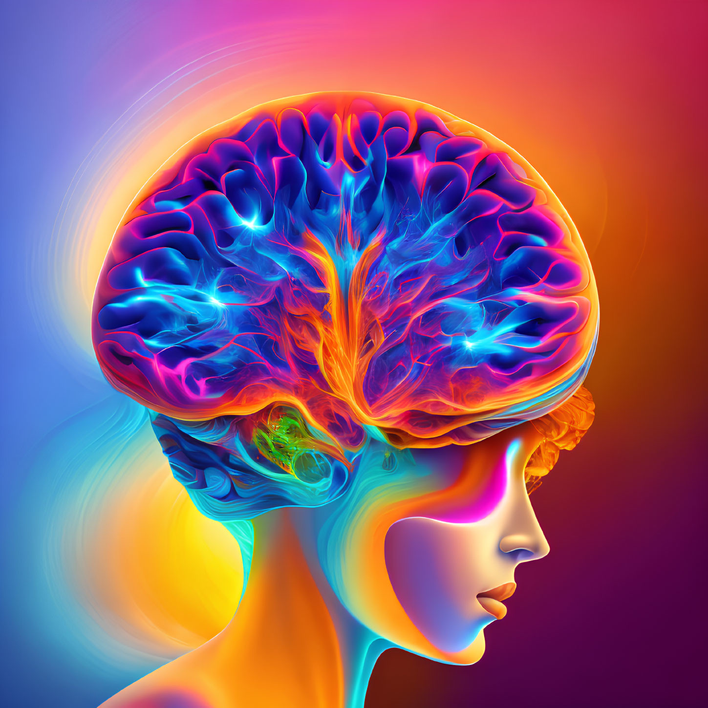 Vibrant Human Profile with Detailed Neon Brain